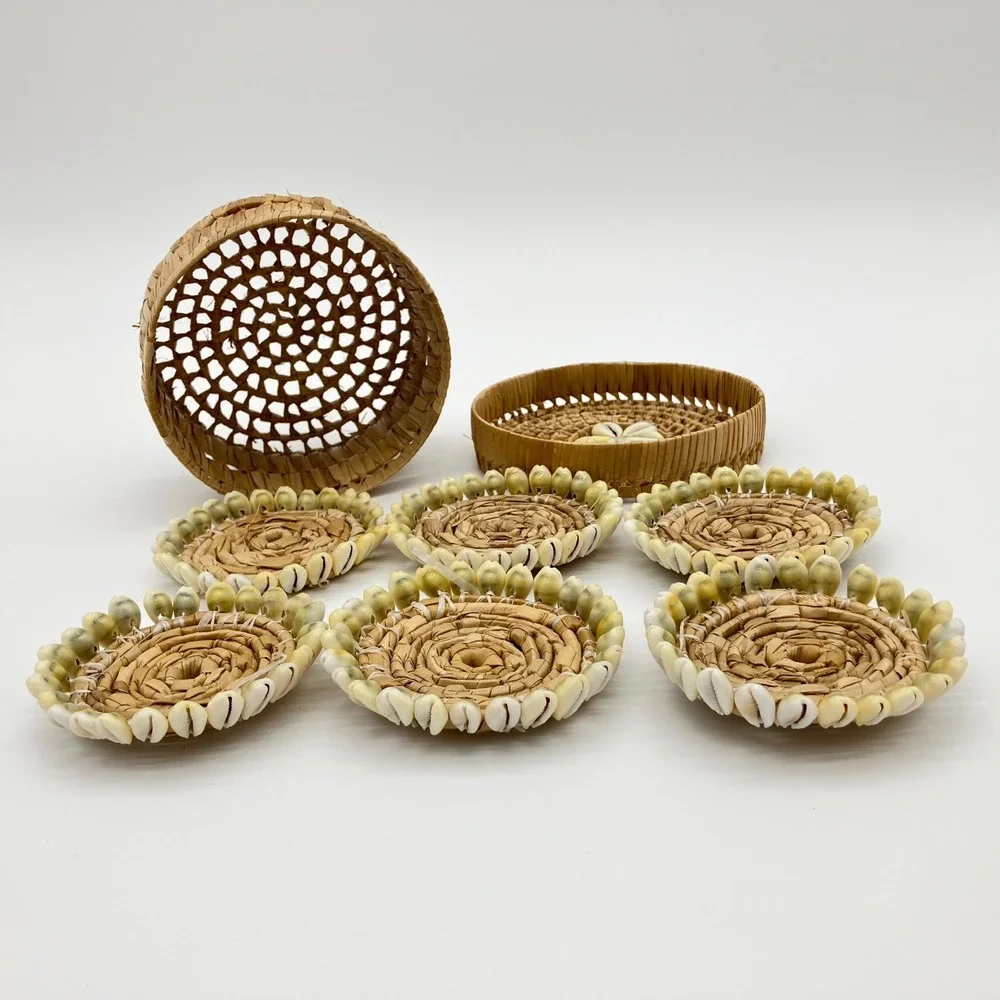 Woven Straw Coaster Set 6pc Natural Cowrie Shell Trim Boho Coastal